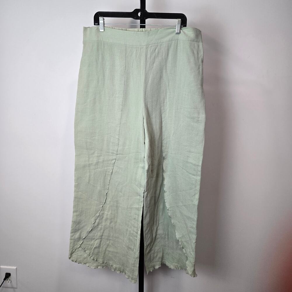 Soft Surroundings Wide Leg Pants Slub Cotton Green High Rise Resort Beachy XL